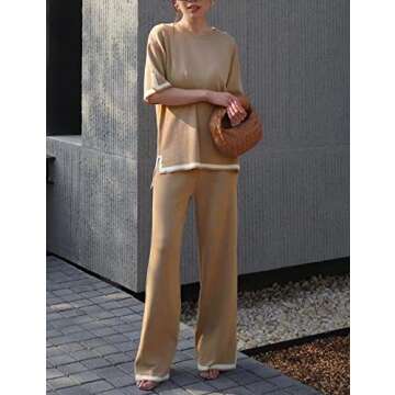 Gihuo Women Sweater Sets 2 Piece Outfits Knit Lounge Sets Short Sleeve Tops Wide Leg Pants Matching Travel Tracksuit