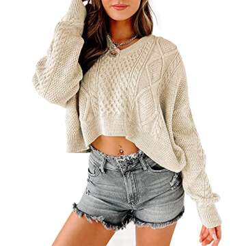 Tankaneo Women's V Neck Cropped Sweater Long Sleeve Crop Top Cable Knit Oversized Pullover Sweater Apricot