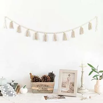 BlueMake 2 Pack Macrame Woven Tassel Garland Belly Basket Decorative Wall Hangings for Boho Home Decor,Nursey Room (Ivory B)