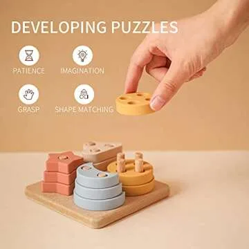 WOODEN TEETHER Silicone Stacking Sorting Toys for Baby and Toddlers Geometric Stacking Building Blocks Toys Montessori Early Educational Intelligence Block Puzzles for Infants