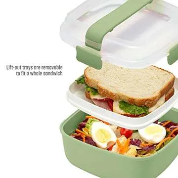 Goodful Stackable Lunch Box Container, Bento Style Food Storage with Removeable Compartments for Sandwich, Snacks, Toppings & Dressing, Leak-Proof and Made without BPA, 56-Ounce, Sage