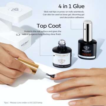 modelones Gel Nail Glue and Top Coat 15ml 4 in 1 Nail Glue Base Coat Nail Glue Kit 2Pcs for Gel Nail Polish No Wipe Top Coat High Gloss, Rhinestone Glue False Nails, Blooming Nail Art Gel