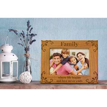 Family Where Life Begins And Love Never Ends - Family Picture Frame, Fits a 5x7 Horizontal Portrait, Engraved Natural Wood Photo Frame for Family, Dad, Mom, Grandparents, Father, From son, daughter