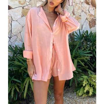 Seyumixi Women Casual 2 Piece Tracksuit Loose Button Blouse Shirt Top High Waist Elastic Shorts Set ...