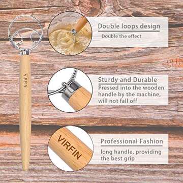 2PCS Danish Dough Whisk, 13.2IN Double-loop Dutch Bread Dough Whisk Stainless Steel, Wooden Handle Mixer for Bread Cake Dessert Pizza Pastry