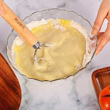 2PCS Danish Dough Whisk, 13.2IN Double-loop Dutch Bread Dough Whisk Stainless Steel, Wooden Handle Mixer for Bread Cake Dessert Pizza Pastry