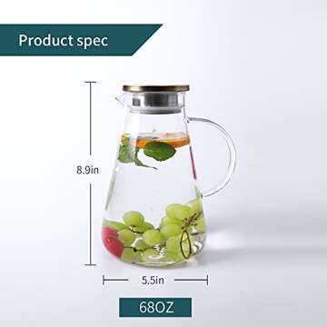 Borosilicate Glass Pitcher with Lid and Spout - 68 Ounces Cold and Hot Water Carafe, Beverage Pitcher for Homemade Iced Tea and Juice (68OZ)