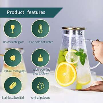Borosilicate Glass Pitcher with Lid and Spout - 68 Ounces Cold and Hot Water Carafe, Beverage Pitcher for Homemade Iced Tea and Juice (68OZ)