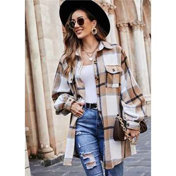BBX Lephsnt Women Shacket Jacket Long Sleeve Fall Plaid Flannel Shirts Jacket Wool Button Down Coats