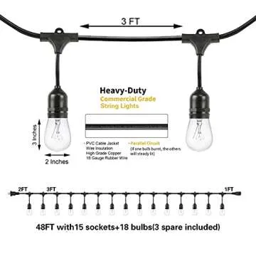 SUNTHIN 48FT Dimmable Outdoor String Lights - 15 Edison Bulbs