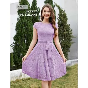 MUADRESS Women Cap-Sleeve Lace Floral Elegant Cocktail Dress Crew Neck Knee Length Bridesmaid Prom Dresses for Party Lavender M