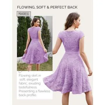MUADRESS Women Cap-Sleeve Lace Floral Elegant Cocktail Dress Crew Neck Knee Length Bridesmaid Prom Dresses for Party Lavender M