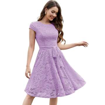 MUADRESS Women Cap-Sleeve Lace Floral Elegant Cocktail Dress Crew Neck Knee Length Bridesmaid Prom Dresses for Party Lavender M