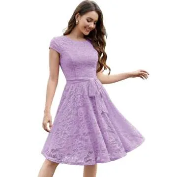 MUADRESS Women Cap-Sleeve Lace Floral Elegant Cocktail Dress Crew Neck Knee Length Bridesmaid Prom Dresses for Party Lavender M