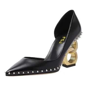 FSJ Graceful Pointed Toe Studded Rivets D'Orsay Pumps Gold Chain High Heel Slip On Ladies Party Prom...