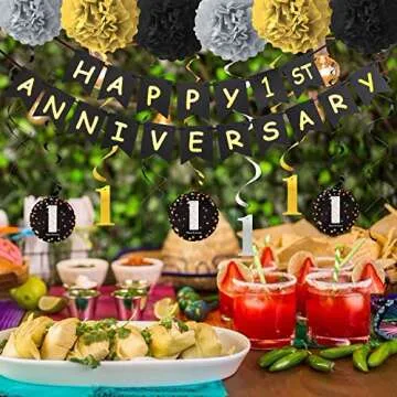 1 Year Anniversary Decorations Kit, 1st Wedding Anniversary Banner Party Decorations Suppilies - Including Gold Glitter Happy 1th Anniversary Banner / 9Pcs Sparkling 1 Hanging Swirl /6Pcs Poms…