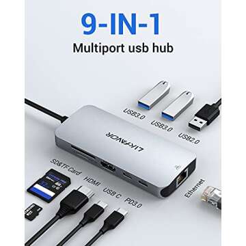 LIKFAVOR USB C Hub, 9 in 1 Dongle, Multiport Adapter with 3 USB Ports, 4K HDMI, PD Charging, 1000Mbp...