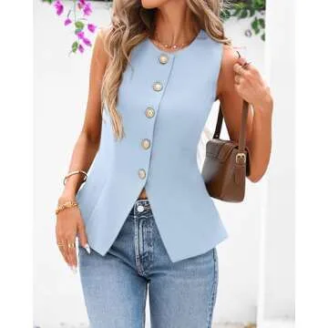 BTFBM Summer Sleeveless Blazer Vest for Women - Elegant Business Casual Style (Light Blue, XX-Large)