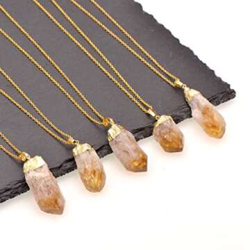 Natural Healing Crystal Yellow Citrine Rough Stone Pendant Necklace, Yellow Gold Tone