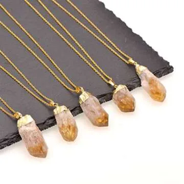 Natural Healing Crystal Yellow Citrine Rough Stone Pendant Necklace, Yellow Gold Tone