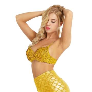 winying Womens Sparkle Sequins Beading Padded Bra Rave Dance Belly Dancing Crop Top Gold 34A, 34B