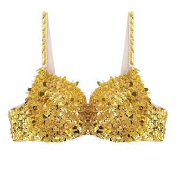 winying Womens Sparkle Sequins Beading Padded Bra Rave Dance Belly Dancing Crop Top Gold 34A, 34B