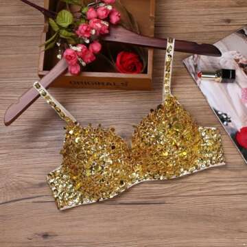 winying Womens Sparkle Sequins Beading Padded Bra Rave Dance Belly Dancing Crop Top Gold 34A, 34B