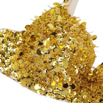 winying Womens Sparkle Sequins Beading Padded Bra Rave Dance Belly Dancing Crop Top Gold 34A, 34B