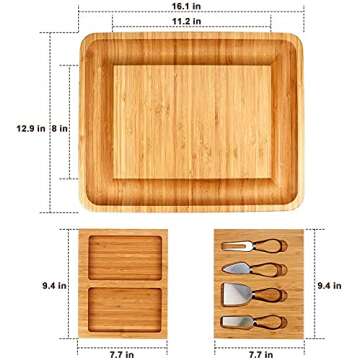 Bamboo Cheese Board with Cheese Tools, Cheese Plate Charcuterie Board Platter Set Serving Tray for Wine Cracker Brie and Meat, Large Thick Wooden Server, Fancy House Warming Gift for Gourmets