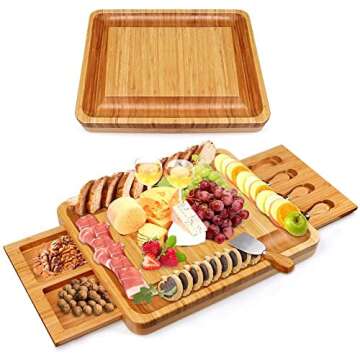 Bamboo Cheese Board with Cheese Tools, Cheese Plate Charcuterie Board Platter Set Serving Tray for Wine Cracker Brie and Meat, Large Thick Wooden Server, Fancy House Warming Gift for Gourmets