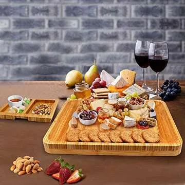 Bamboo Cheese Board with Cheese Tools, Cheese Plate Charcuterie Board Platter Set Serving Tray for Wine Cracker Brie and Meat, Large Thick Wooden Server, Fancy House Warming Gift for Gourmets