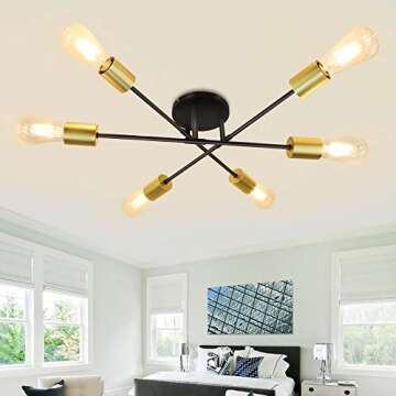 Depuley Modern Sputnik Chandelier, Adjustable 6-Light Gold Semi Flush Mount Ceiling Light, Vintage M...