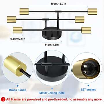 Depuley Modern Sputnik Chandelier, Adjustable 6-Light Gold Semi Flush Mount Ceiling Light, Vintage Mid Century Light Fixture for Bedroom Dining Room Kitchen Hallway Office, E26 Base