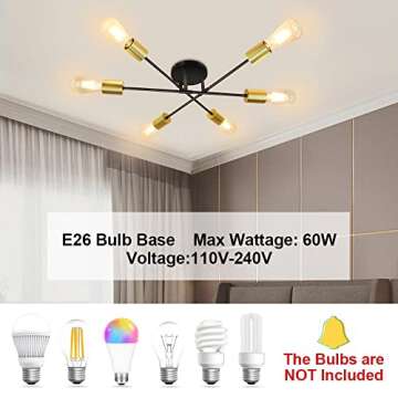 Depuley Modern Sputnik Chandelier, Adjustable 6-Light Gold Semi Flush Mount Ceiling Light, Vintage Mid Century Light Fixture for Bedroom Dining Room Kitchen Hallway Office, E26 Base