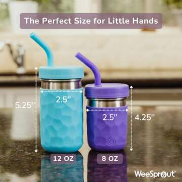 WeeSprout 2-in-1 Drinking Cups for Kids, Durable Stainless Steel Tumbler for Smoothies, Silicone Straws with Stoppers, Premium Plastic Twist Lids, Easy-Grip Sleeves, Set of 4 Dishwasher Safe Kid Cups
