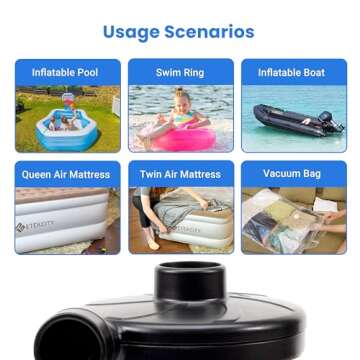 Etekcity Electric Air Pump Air Mattress Portable Pump for Inflatables Couch, Pool Floats, Blow Up Pool Raft Bed Boat Toy, Quick-Fill AC Inflator Deflator with 3 Nozzles, 110-120 Volt, Black