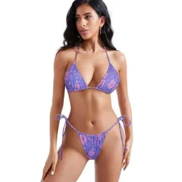 MOSHENGQI Women Sexy Brazilian Bikini 2 Piece Spaghetti Strap Top Thong Swimsuit Bathing Suit(S,Floral-Purple)