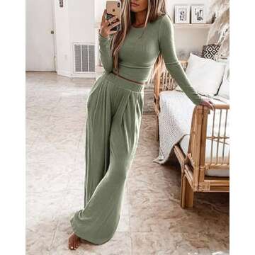 BTFBM Women's Two Piece Lounge Set Long Sleeve Bodycon Ribbed Knit Crop Top Loose Wide Leg Pant Casu...