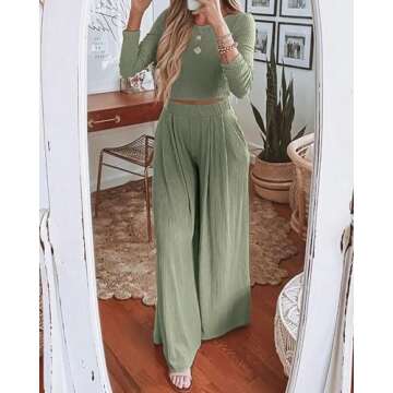 BTFBM Women's Two Piece Lounge Set Long Sleeve Bodycon Ribbed Knit Crop Top Loose Wide Leg Pant Casual Outfits Sweatsuit(Solid Bean Green, Small)