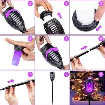 8Pack Halloween Decorations Outdoor, Halloween Solar Lights with Purple Flame for Halloween Decor, Waterproof Halloween Lights Outdoor, Solar Pathway Lights for Lawn Outside Halloween Yard Decorations