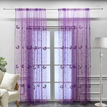 WINYY Sequins Butterfly Sheer Voile Curtain for Bedroom Kitchen Window Purple Curtain Drape Rod Pocket Top Tulle Gauze 1 Panel 40 Inch Wide 63 Inch Long