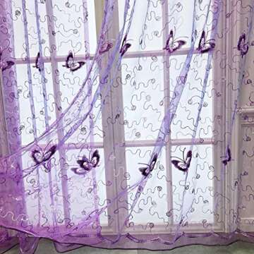 WINYY Sequins Butterfly Sheer Voile Curtain for Bedroom Kitchen Window Purple Curtain Drape Rod Pocket Top Tulle Gauze 1 Panel 40 Inch Wide 63 Inch Long