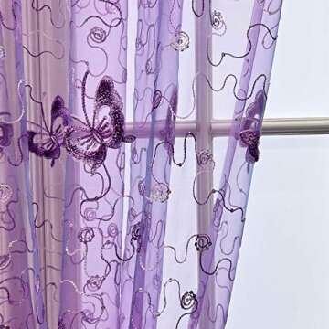 WINYY Sequins Butterfly Sheer Voile Curtain for Bedroom Kitchen Window Purple Curtain Drape Rod Pocket Top Tulle Gauze 1 Panel 40 Inch Wide 63 Inch Long