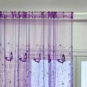 WINYY Sequins Butterfly Sheer Voile Curtain for Bedroom Kitchen Window Purple Curtain Drape Rod Pocket Top Tulle Gauze 1 Panel 40 Inch Wide 63 Inch Long