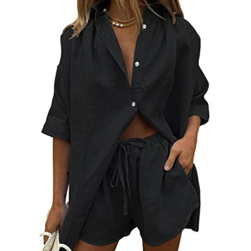 Fixmatti Summer Sets Women 2 Piece Outfits Sets Short Sleeve Button Shirt High Waist Shorts Y2k Loungewear Black M