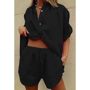 Fixmatti Summer Sets Women 2 Piece Outfits Sets Short Sleeve Button Shirt High Waist Shorts Y2k Loungewear Black M
