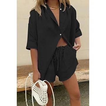 Fixmatti Summer Sets Women 2 Piece Outfits Sets Short Sleeve Button Shirt High Waist Shorts Y2k Loungewear Black M