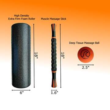 Large Extra Firm Foam Roller, Muscle Stick and Massage Ball + Carry Bag - High Density Body Recovery...