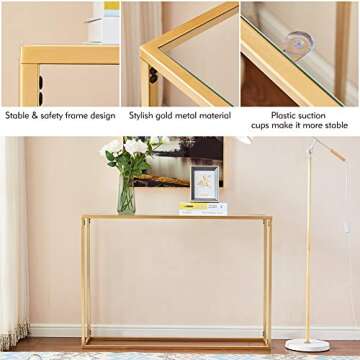 Wimarsbon Gold Console Table, Glass Sofa Tables, Modern Open Hallway Table, Narrow Entryway Table, Slim Accent Porch Table, Couch Side Table with Golden Metal Frame, Easy Assembly