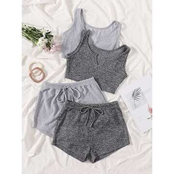 Milumia Women's 4 Pieces Ribbed Knit Crop Tank Top and Drawstring Waist Shorts Pajama Set Loungewear Grey Small